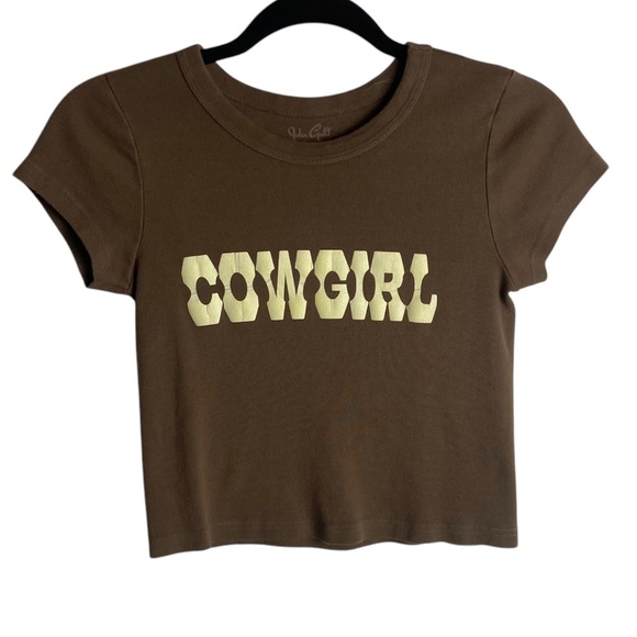 john galt Tops - John Galt Baby Tee Cowgirl Crop Top Brown Size Small Short Sleeve Western Cotton